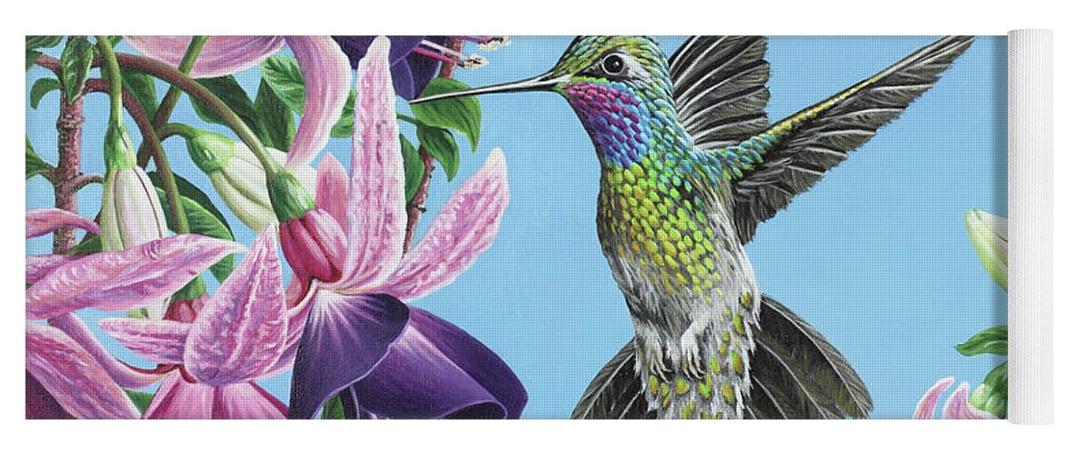 Hummingbird Yoga Mat featuring the painting Hummingbird and Fuchsias by Jane Girardot