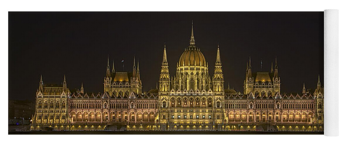 Joan Carroll Yoga Mat featuring the photograph Hungarian Parliament Building Night by Joan Carroll