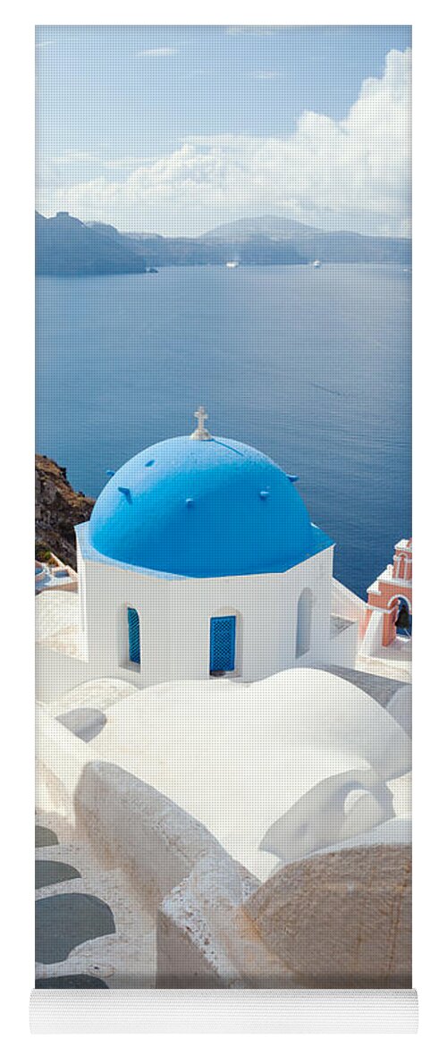 Santorini Yoga Mat featuring the photograph Iconic blue domed churches in Santorini - Greece by Matteo Colombo