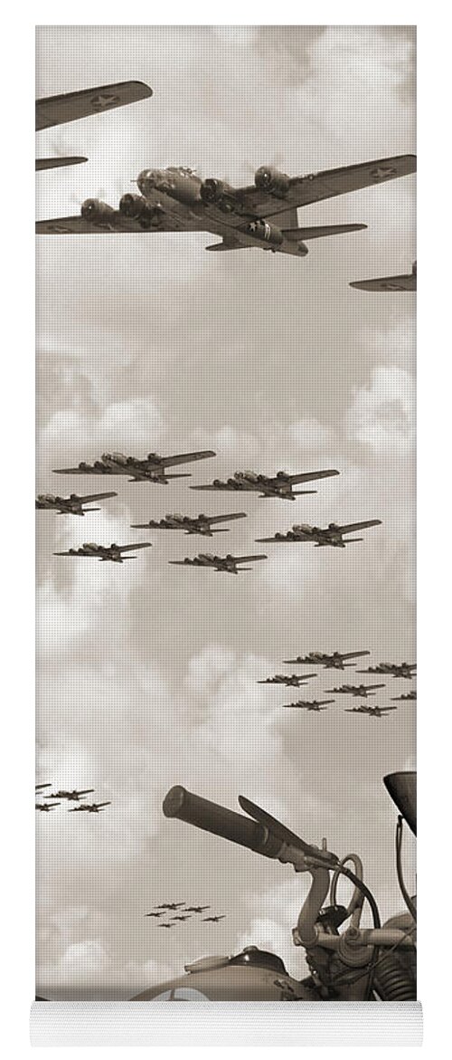 Ww2 Yoga Mat featuring the photograph Indian 841 And The B-17 Panoramic Sepia by Mike McGlothlen