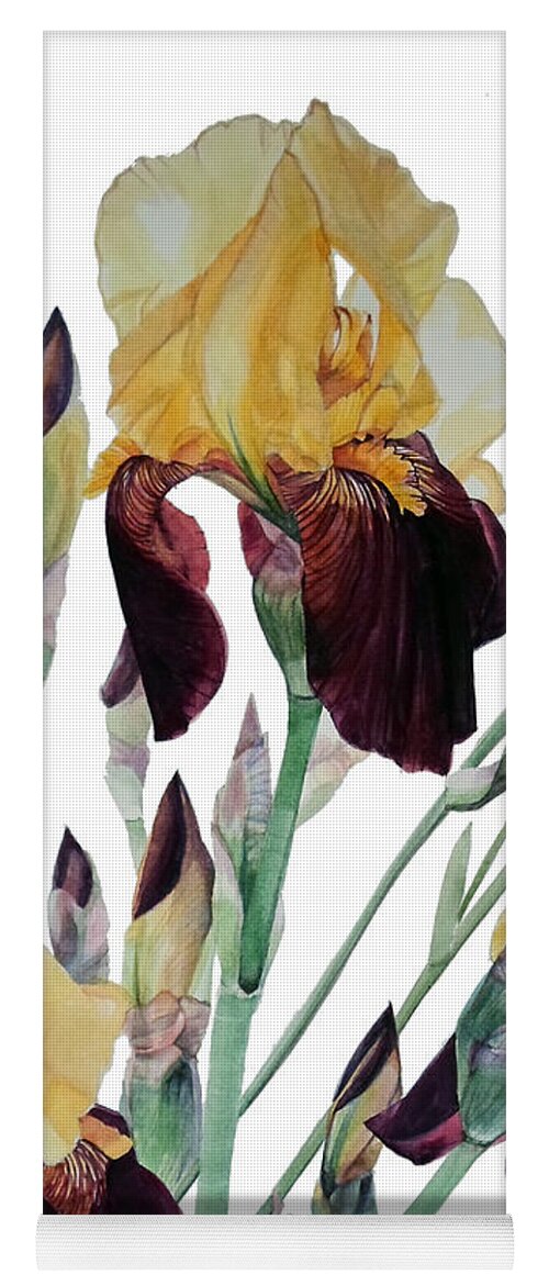 Watercolor Yoga Mat featuring the painting Watercolor of Tall Bearded Iris in Yellow and Maroon I call Iris Beethoven by Greta Corens