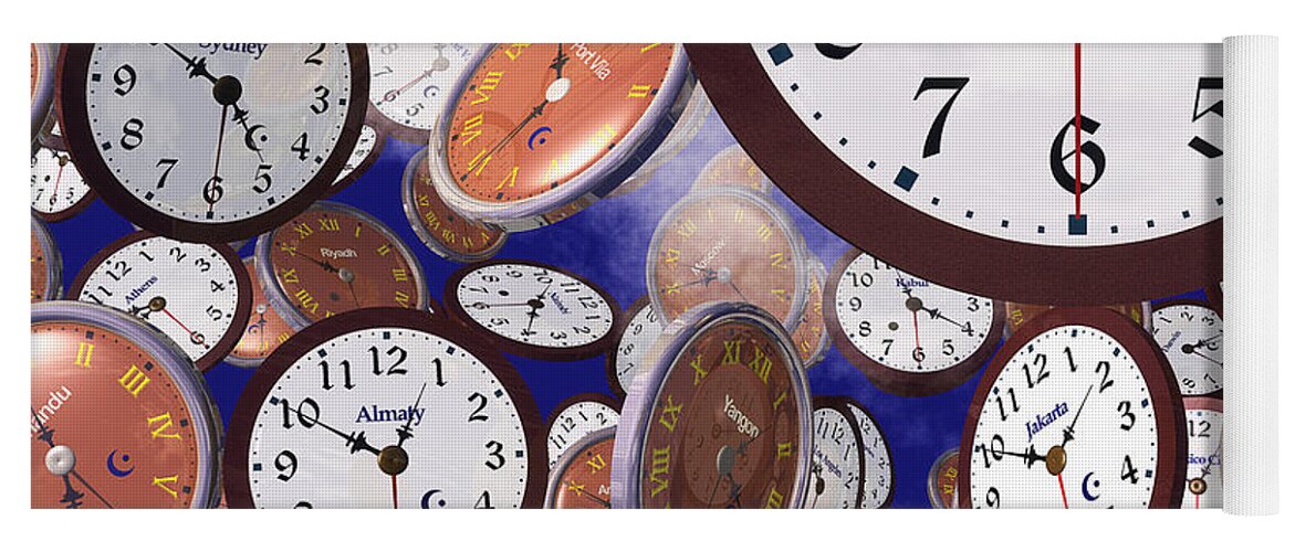 Clocks Yoga Mat featuring the digital art It's Raining Clocks - New York by Nicola Nobile