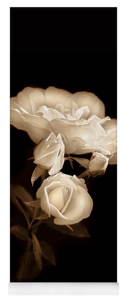 Rose Yoga Mat featuring the photograph Ivory Roses in the Moonlight Sepia by Jennie Marie Schell