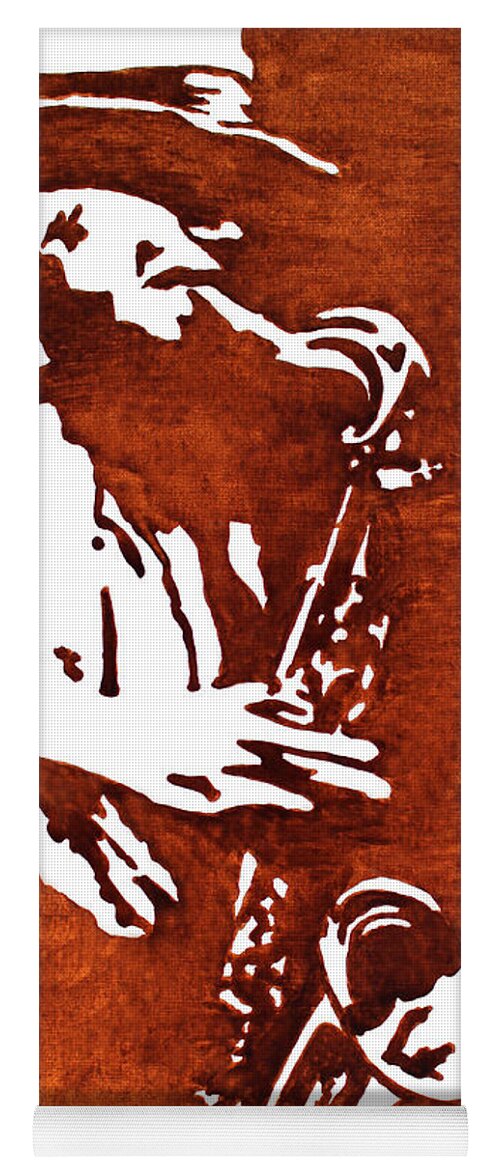Jazz Player Yoga Mat featuring the painting Jazz saxofon player coffee painting by Georgeta Blanaru