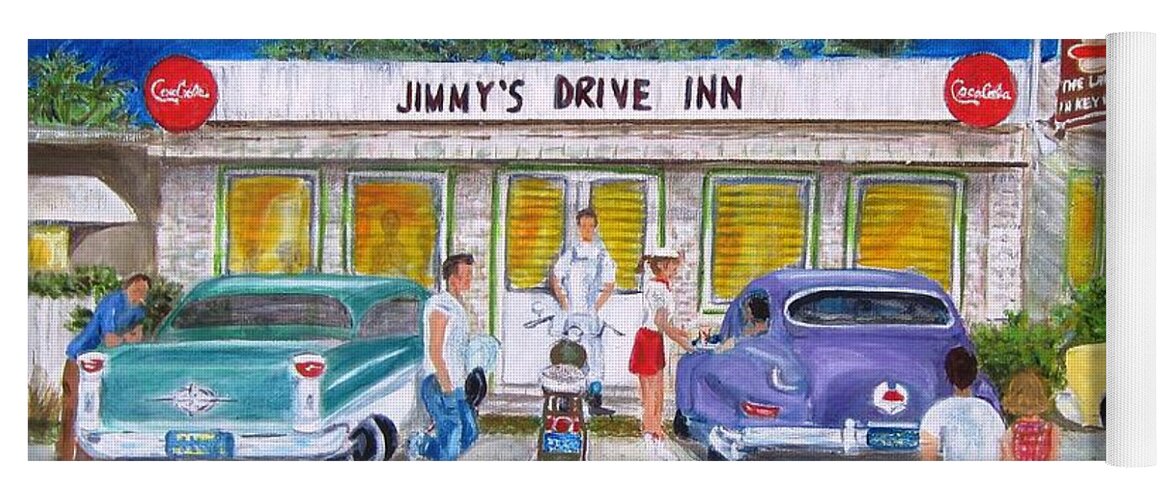 Landscape Yoga Mat featuring the painting Jimmy's Drive Inn by Linda Cabrera
