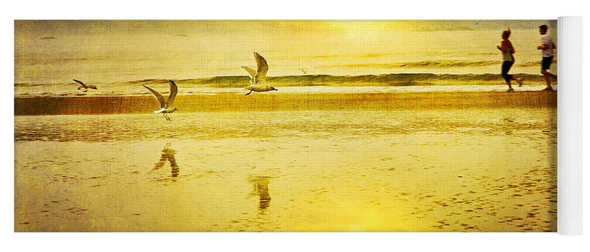 Beach Yoga Mat featuring the photograph Jogging On Beach With Gulls by Theresa Tahara