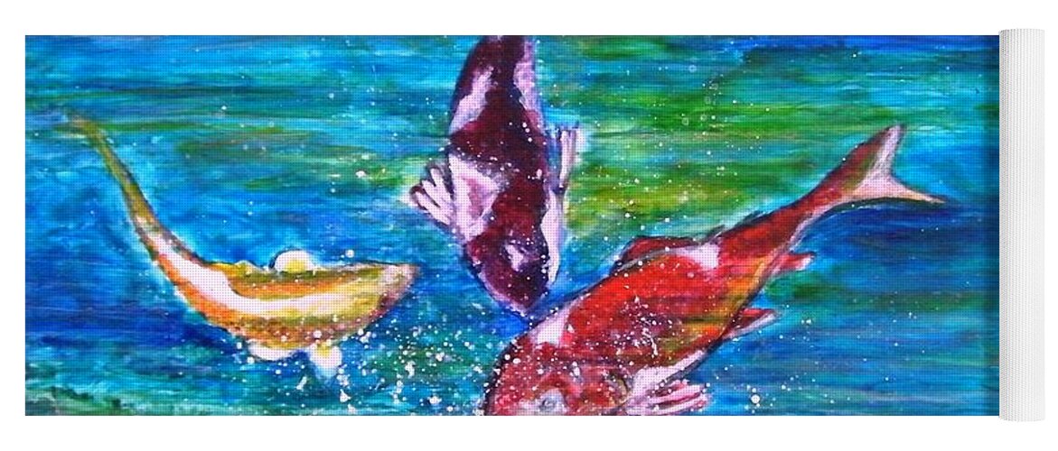 Fish Koi Bubbles Underwater Grass Landscape Yupo Paper Blue Red Yellow Abstract Green Feng Yoga Mat featuring the painting Koi and Joy Fish by Manjiri Kanvinde