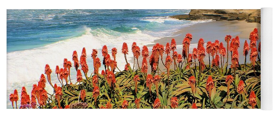 Coastline Yoga Mat featuring the photograph La Jolla Coast with Flowers Blooming by Jane Girardot