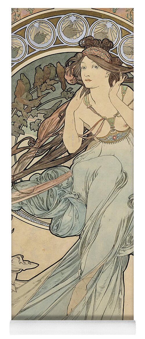 1890s Yoga Mat featuring the photograph La Musique, 1898 Watercolour On Card by Alphonse Marie Mucha