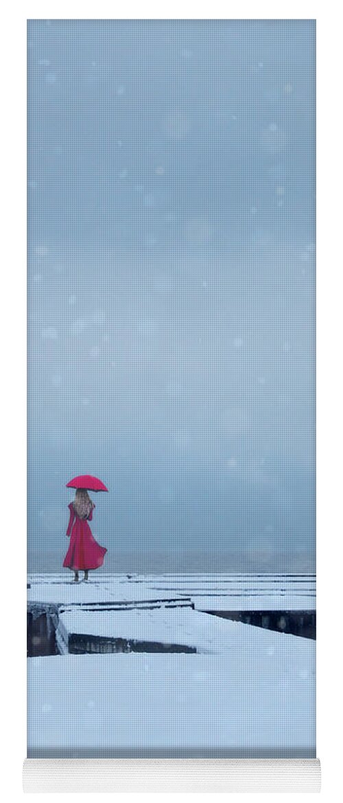 Lady Yoga Mat featuring the photograph Lady in Red on Snowy Pier by Jill Battaglia