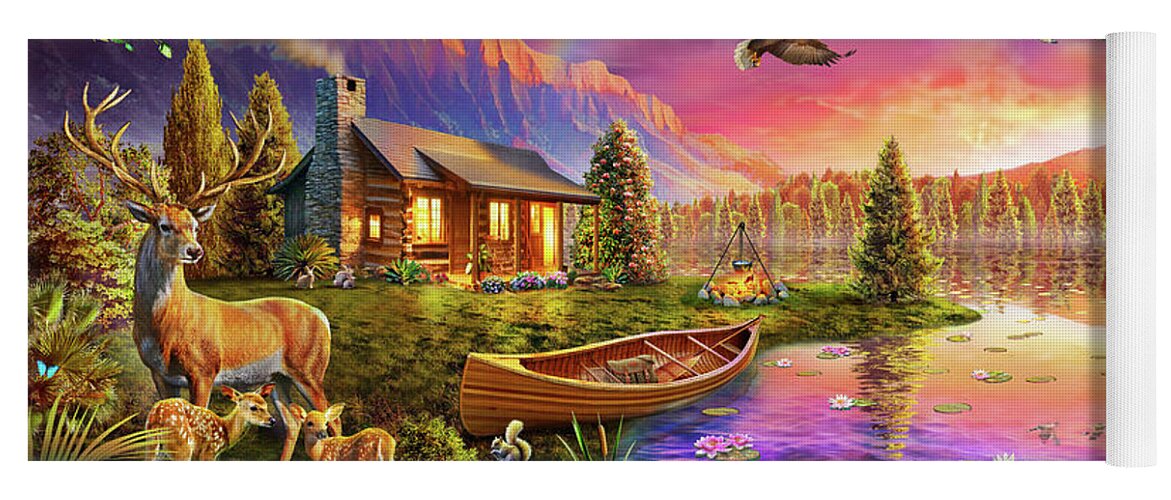 Cabin Yoga Mat featuring the drawing Lakeside Cabin by MGL Meiklejohn Graphics Licensing