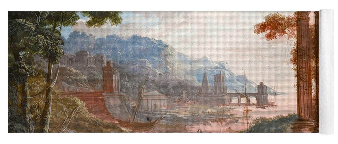 Pierre-antoine Patel Yoga Mat featuring the painting Landscape with Classical Ruins with Boats drawn up to the Shore by Pierre-Antoine Patel