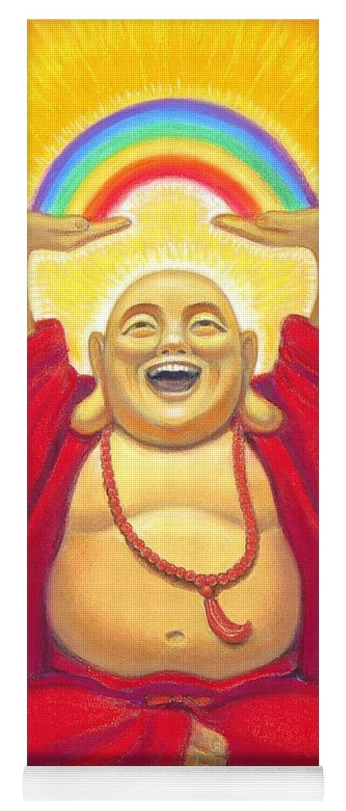 Buddha Yoga Mat featuring the pastel Laughing Rainbow Buddha by Sue Halstenberg