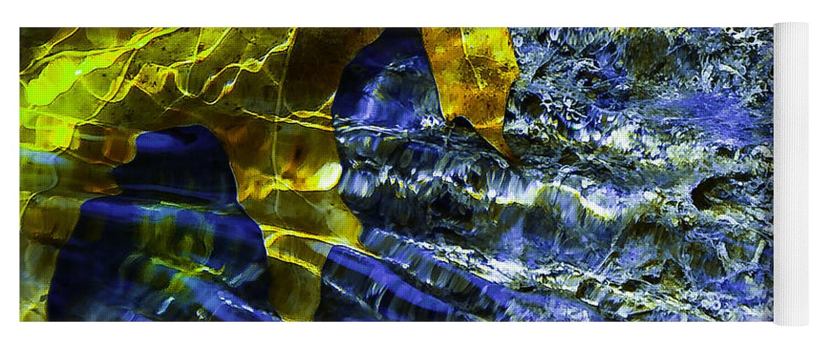 Leaf In Creek Yoga Mat featuring the photograph Leaf In Creek - Blue Abstract by Darryl Dalton