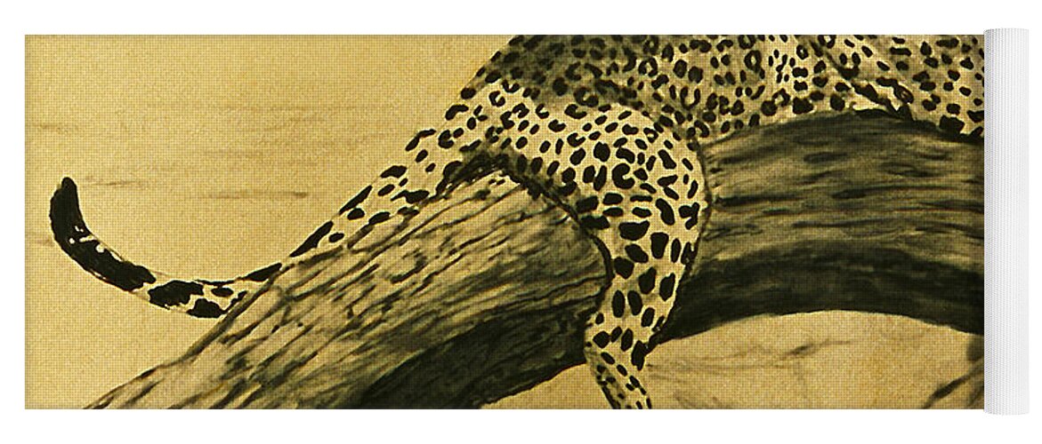Africa.leopard Yoga Mat featuring the painting Leopard in Tree Art Print by William Cain