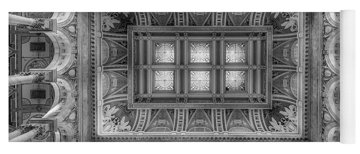 Beaux Arts Yoga Mat featuring the photograph Library Of Congress Main Hall Ceiling BW by Susan Candelario