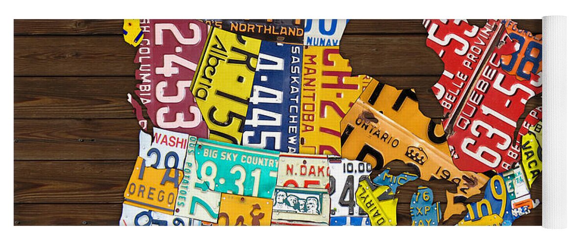 License Plate Map Yoga Mat featuring the mixed media License Plate Map of North America - Canada and United States by Design Turnpike
