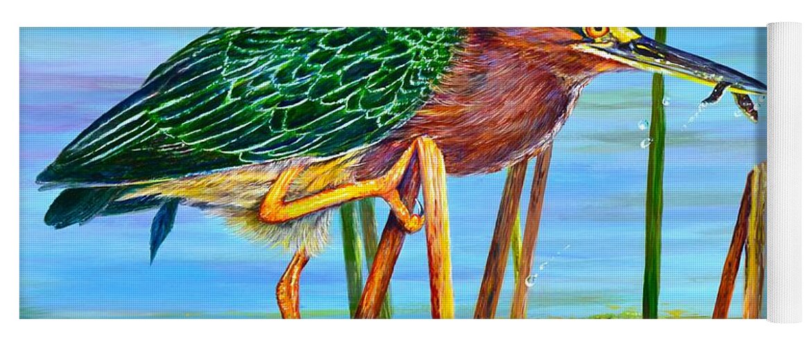 Perch Yoga Mat featuring the painting Little Green Heron by AnnaJo Vahle