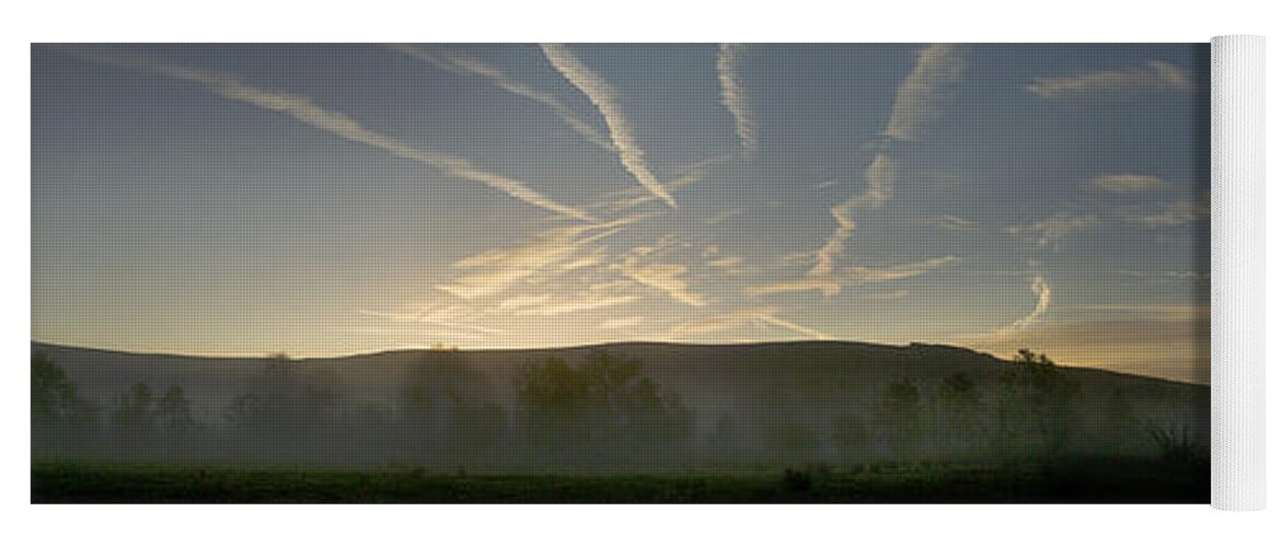Digital Print Yoga Mat featuring the photograph Llangors panorama Wales Mists and vapour trails at dawn by Tony Mills