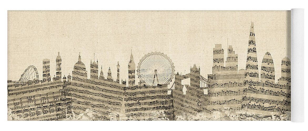 London Yoga Mat featuring the digital art London England Skyline Sheet Music Cityscape by Michael Tompsett