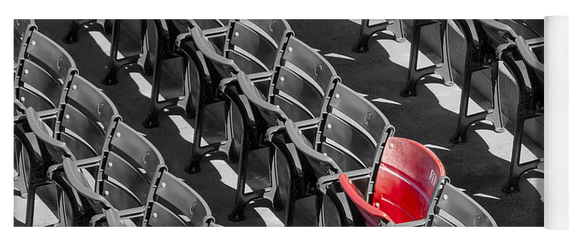 #21 Yoga Mat featuring the photograph Lone Red Number 21 Fenway Park BW by Susan Candelario