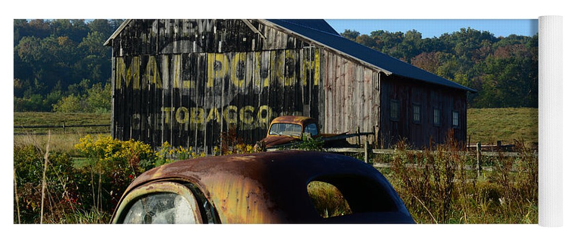 Paul Ward Yoga Mat featuring the photograph Mail Pouch Barn and Old Cars by Paul Ward