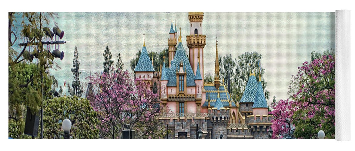 Castle Yoga Mat featuring the photograph Main Street Sleeping Beauty Castle Disneyland Textured Sky by Thomas Woolworth
