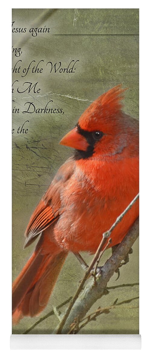 Nature Yoga Mat featuring the photograph Male Cardinal on twigs with Bible Verse by Debbie Portwood