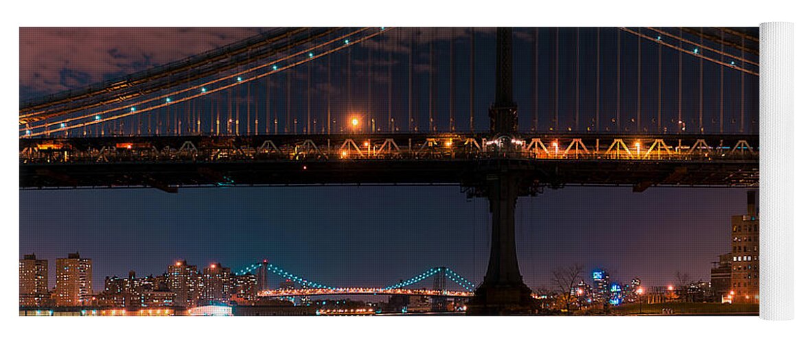 Amazing Brooklyn Bridge Photos Yoga Mat featuring the photograph Manhattan Bridge Framing Williamsburg Bridge by Mitchell R Grosky