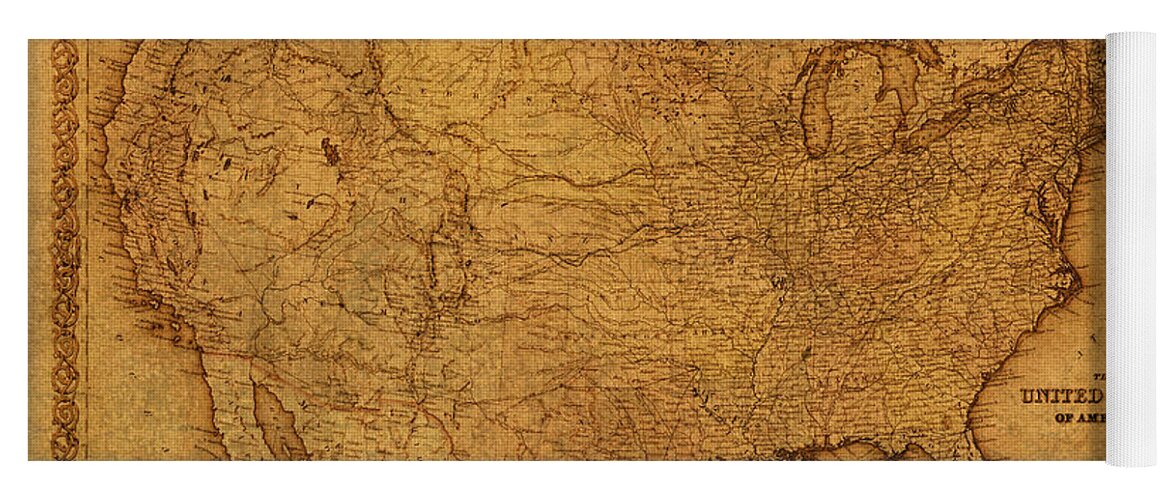Map Yoga Mat featuring the mixed media Map of United States of America Vintage Schematic Cartography Circa 1855 on Worn Parchment by Design Turnpike