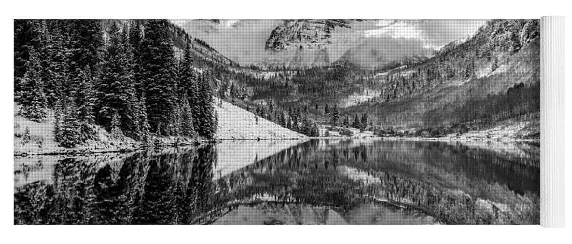 America Yoga Mat featuring the photograph Maroon Bells BW Covered In Snow - Aspen Colorado by Gregory Ballos