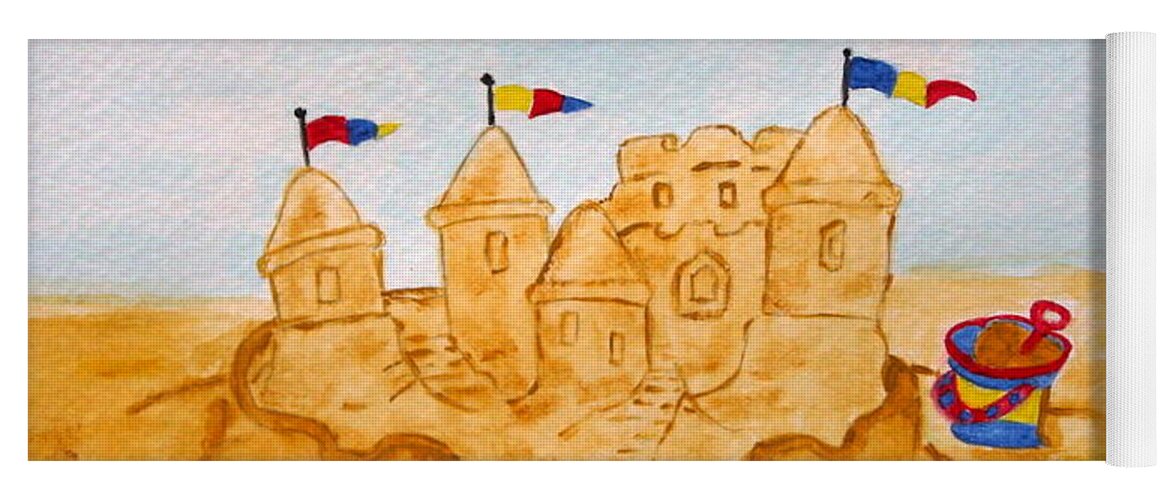Beach Ocean Sand Sun Vacation Ocean Water Pail Shovel Flags Sand Castle Gulls Tourist Children Contest Play Yoga Mat featuring the painting Memorial Day Weekend by Colleen Casner