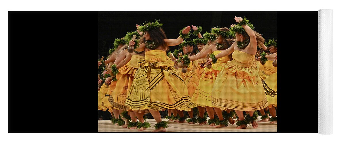 Merrie Monarch Yoga Mat featuring the photograph Merrie Monarch Hula Dancers in Yellow Dresses by Venetia Featherstone-Witty