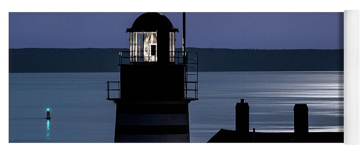 Midnight Moonlight On West Quoddy Head Lighthouse Yoga Mat featuring the photograph Midnight Moonlight on West Quoddy Head Lighthouse by Marty Saccone