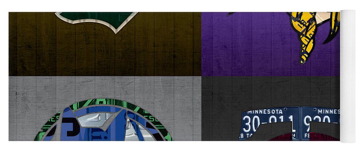Minneapolis Yoga Mat featuring the mixed media Minneapolis Sports Fan Recycled Vintage Minnesota License Plate Art Wild Vikings Timberwolves Twins by Design Turnpike