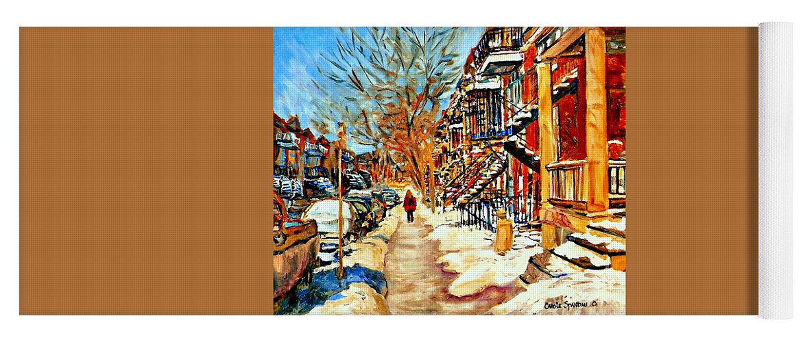 Montreal Yoga Mat featuring the painting Montreal Art Winterwalk In Montreal Street Scene Painting by Carole Spandau