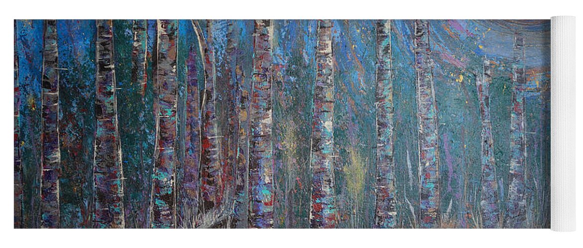 Moonlit Night With Birch Trees Yoga Mat featuring the painting Moonlit Birch Path In Blue by Jacqueline Athmann