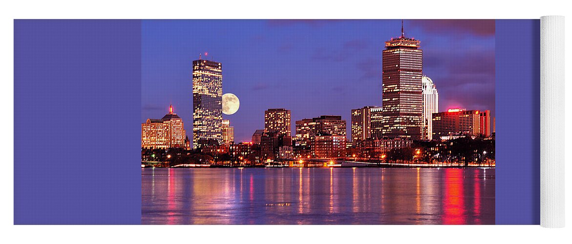Boston Strong Yoga Mat featuring the photograph Moonlit Boston on the Charles by Mitchell R Grosky