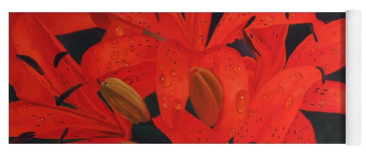 Lilies Flowerpaimtimgs Oilpaintings Still Life Paintings Dew Water Drops Yoga Mat featuring the painting Morning dew by George Tuffy