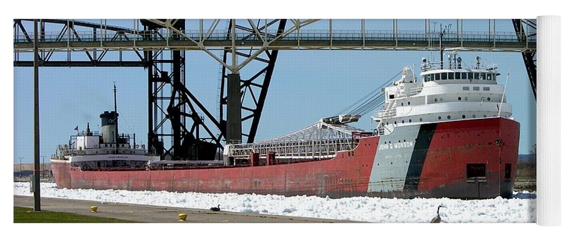 Great Lakes Yoga Mat featuring the photograph Moving through the ice to the Soo Locks by Keith Stokes