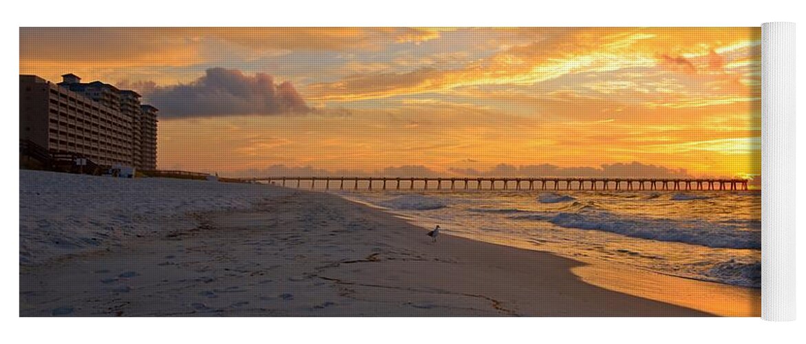 Navarre Pier Yoga Mat featuring the photograph Navarre Pier and Navarre Beach Skyline at Sunrise with Gulls by Jeff at JSJ Photography