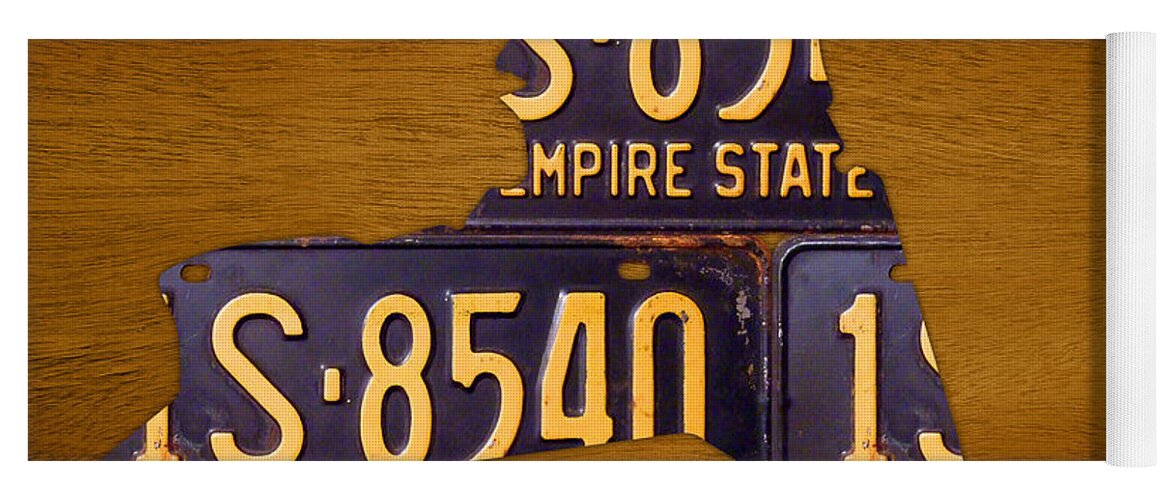 New York City Yoga Mat featuring the mixed media New York State License Plate Map - Empire State Orange Edition by Design Turnpike