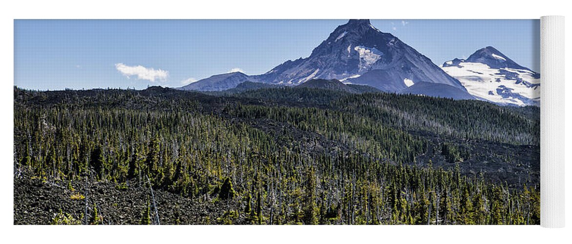 Lava Field Yoga Mat featuring the photograph North and Middle Sister and the Lava Fields by Belinda Greb