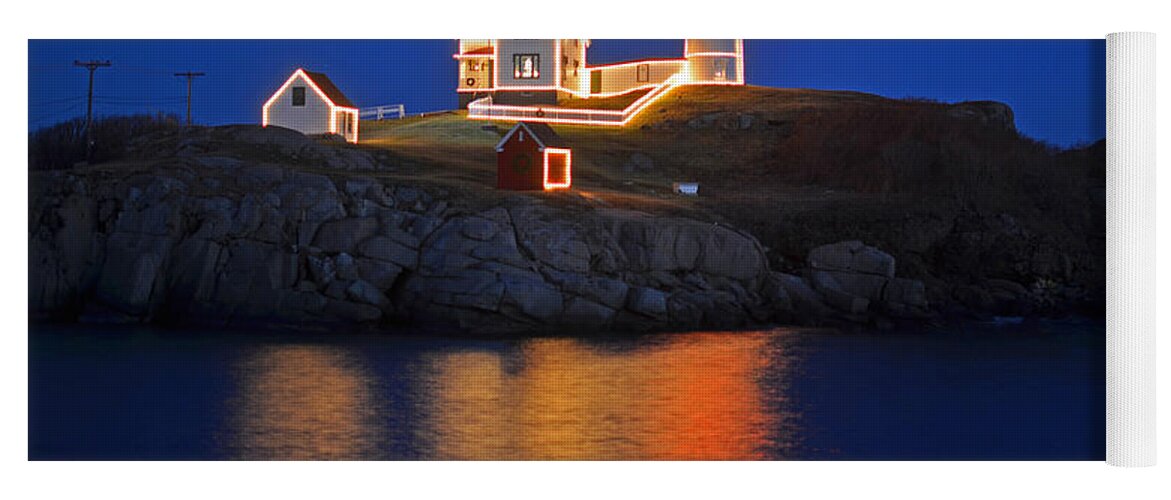 York Yoga Mat featuring the photograph Nubble Light in York ME Cape Neddick Christmas blue sky by Toby McGuire