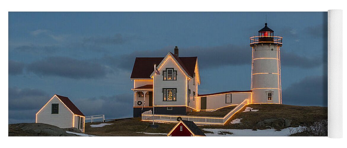 Lighthouse Yoga Mat featuring the photograph Nubble lighthouse at Christmas by Steven Ralser