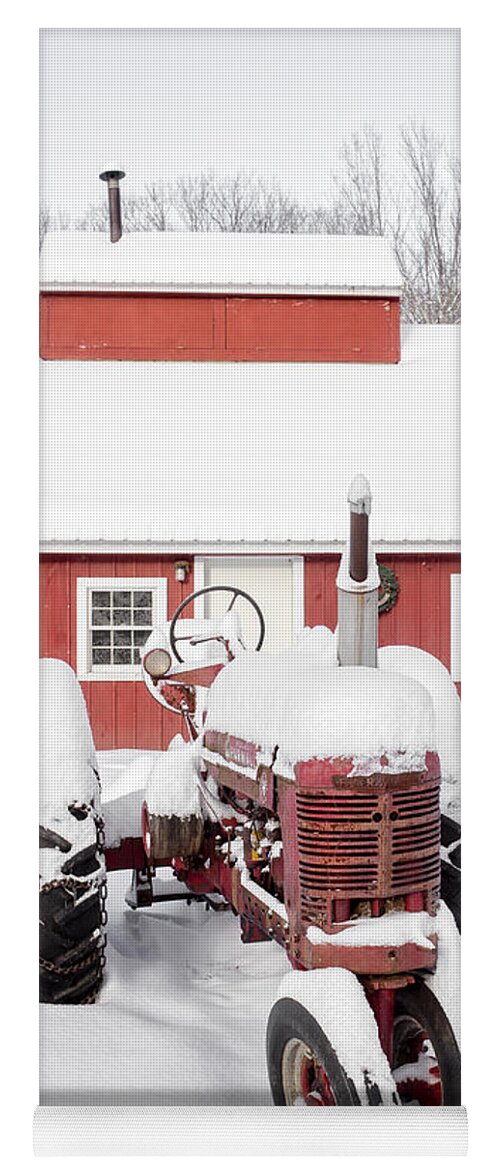 Big Yoga Mat featuring the photograph Old red tractor in front of classic sugar shack by Edward Fielding