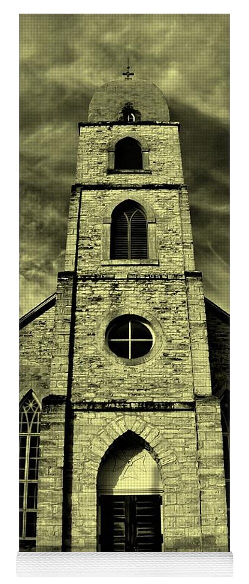 Michael Tidwell Photography Yoga Mat featuring the photograph Old St. Mary's Church in Fredericksburg Texas in Sepia by Michael Tidwell