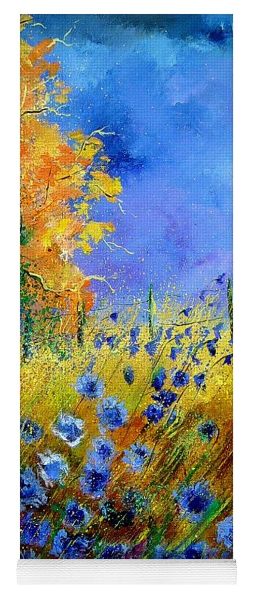 Poppies Yoga Mat featuring the painting Orange tree and blue cornflowers by Pol Ledent