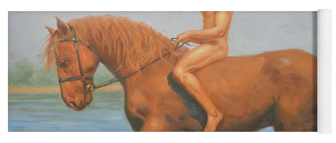 Original Yoga Mat featuring the painting Original Classic Oil Painting Man Body Art Male Nudeand Horse #16-2-5-45 by Hongtao Huang