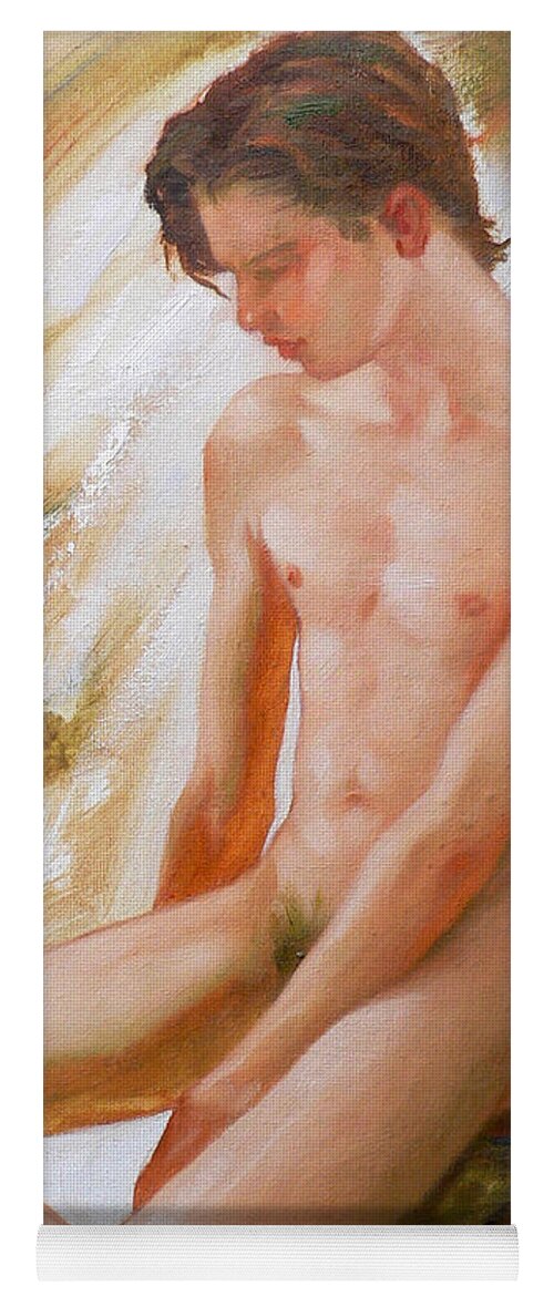 Oil Painting Yoga Mat featuring the painting Original Man Oil Painting Nude Sitting On The Window#16-2-5-28 by Hongtao Huang